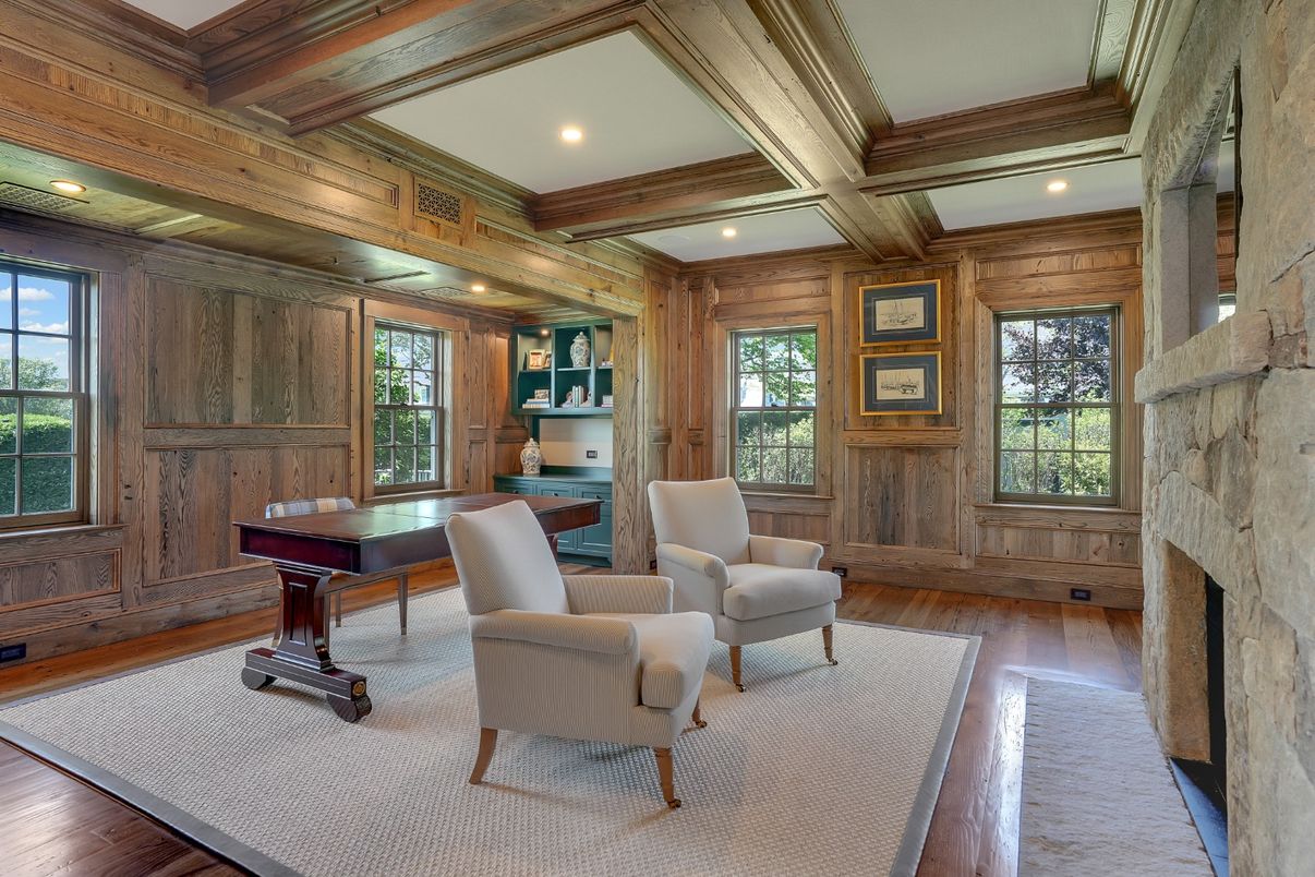 Fireplace, Home Office, Interior, Recessed Lighting, Wooden Beams, Wood Texture Flooring, Wooden Walls
