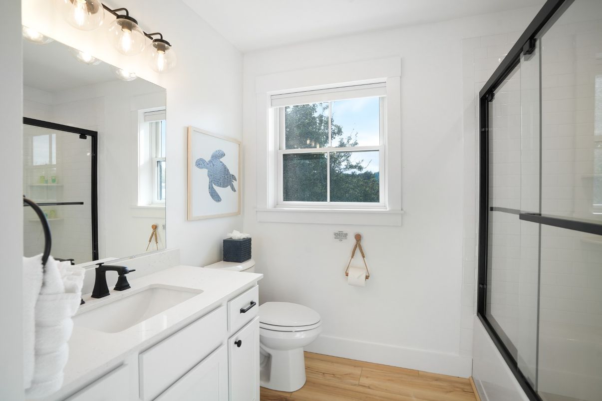 Bathroom, Glass Shower, Interior, Wood Texture Flooring
