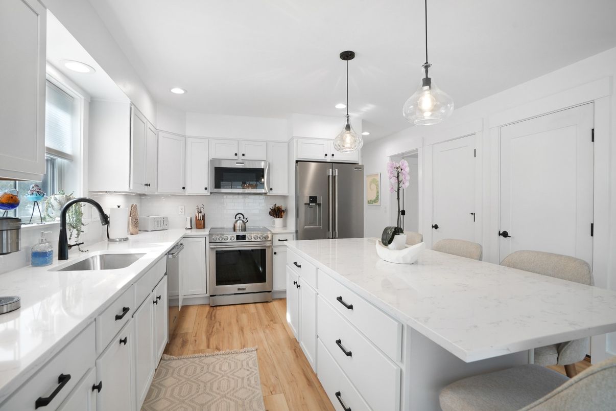 Interior, Kitchen, Pendant Lights, Recessed Lighting, Stainless Steel Appliances, Wood Texture Flooring