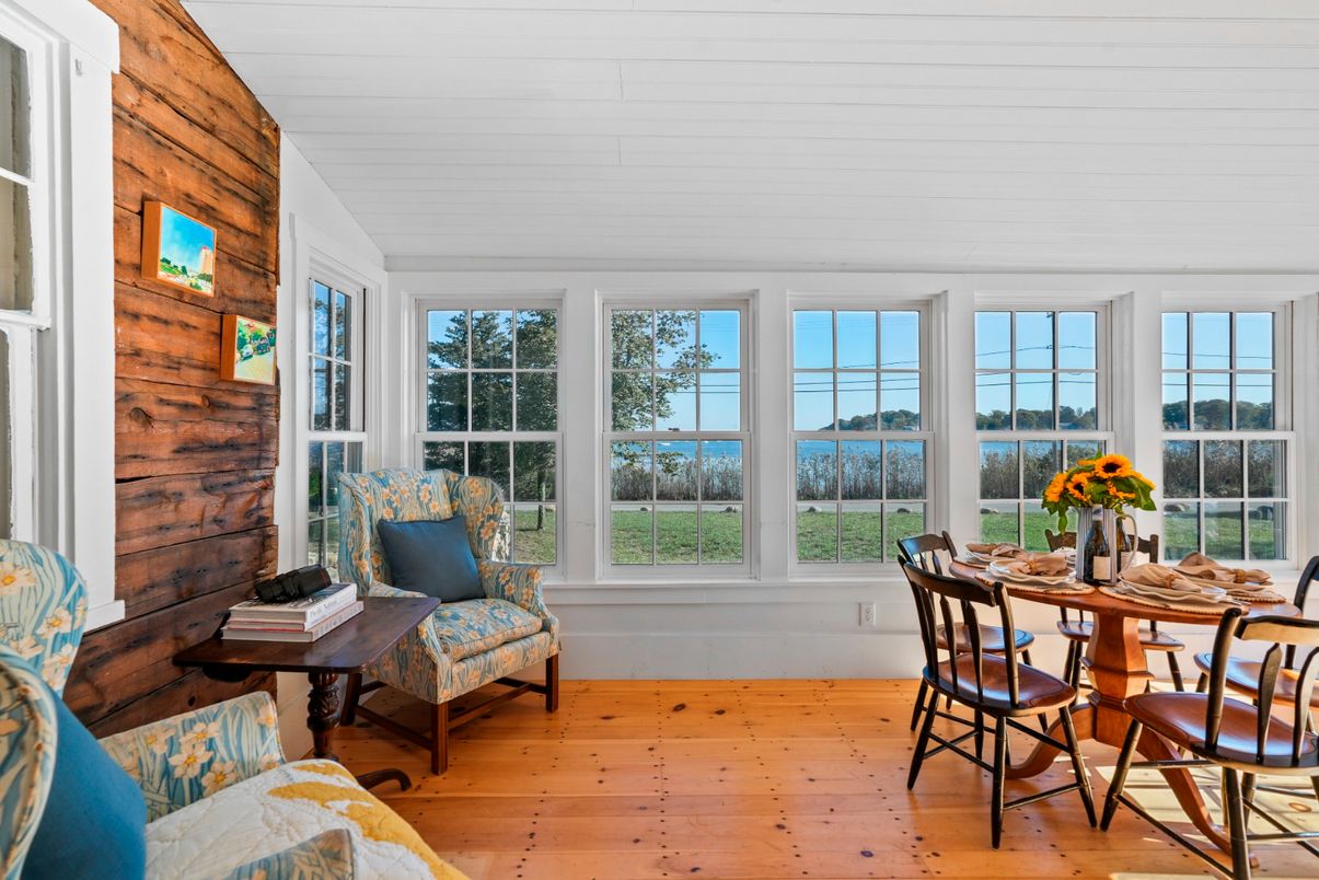 Dining room, Interior, Sun Room, Water, Wood Texture Flooring, Wooden Walls