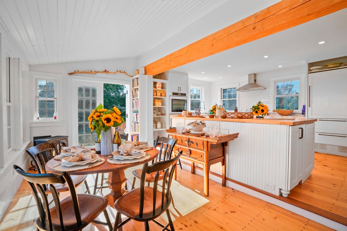 Dining room, Interior, Kitchen, Recessed Lighting, Stone Walls, Wooden Beams, Wood Texture Flooring