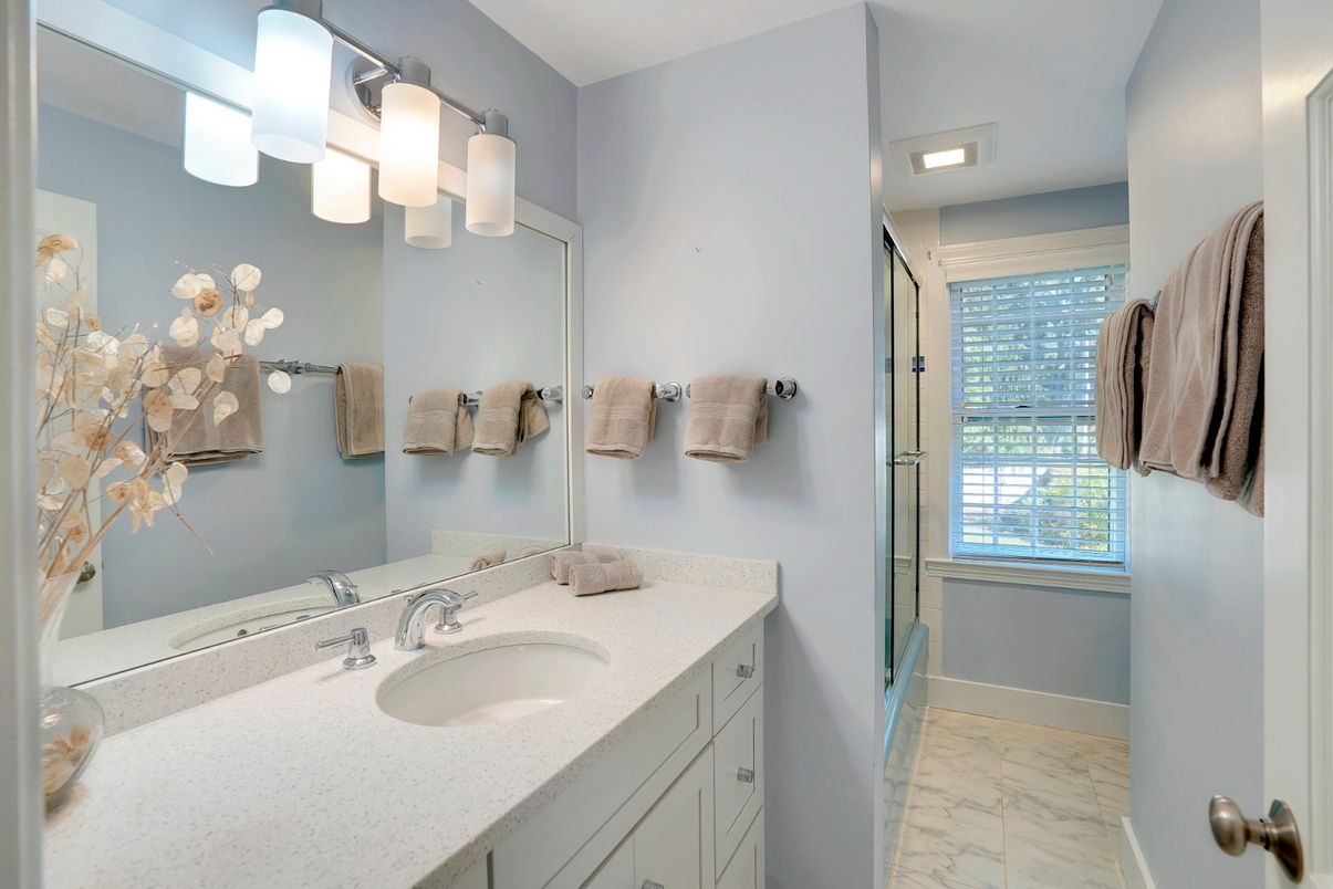 Bathroom, Dual Sink Vanities, Glass Shower, Interior, Marble, Recessed Lighting