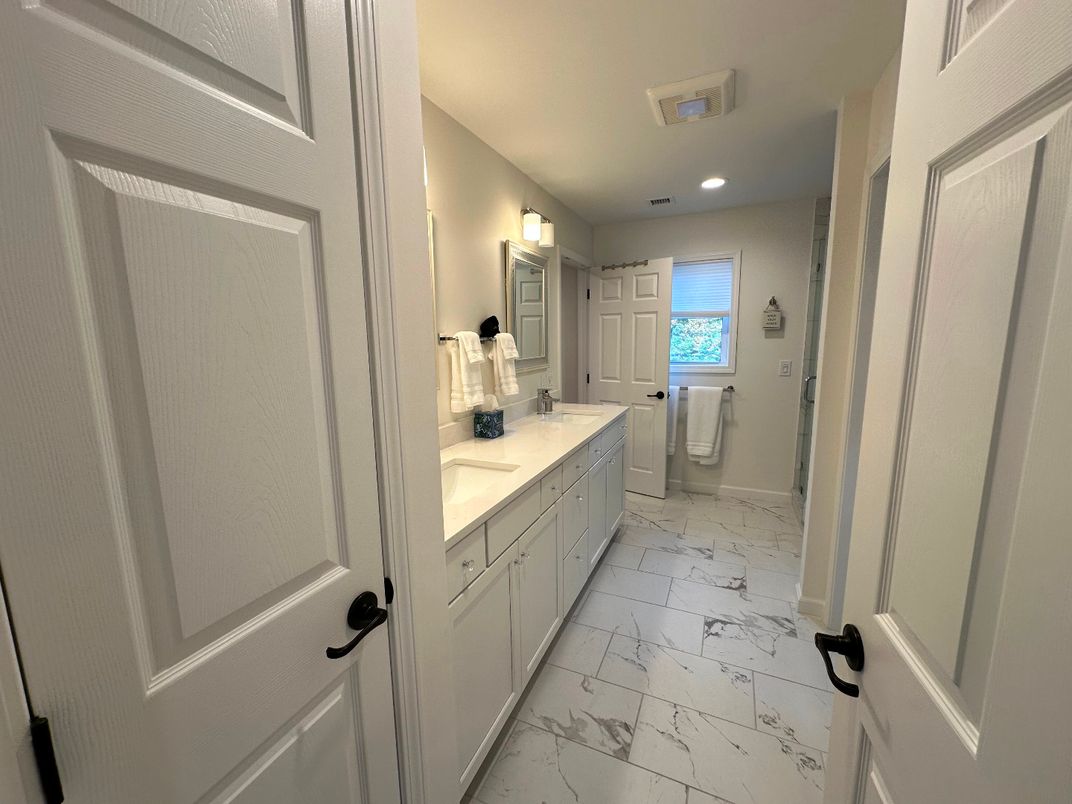 Bathroom, Dual Sink Vanities, Interior, Marble, Recessed Lighting