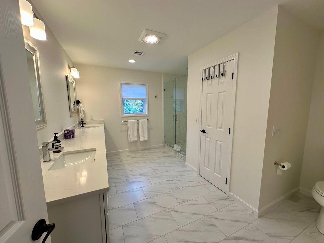 Bathroom, Dual Sink Vanities, Glass Shower, Interior, Marble, Recessed Lighting