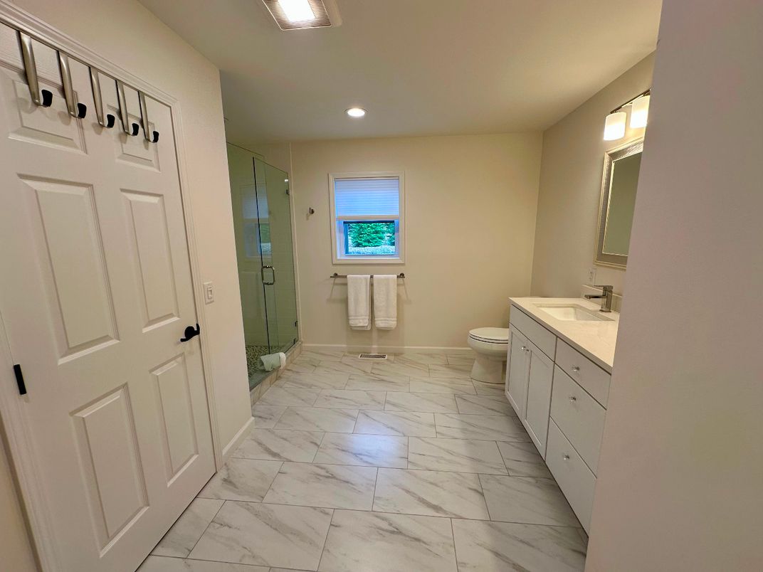 Bathroom, Glass Shower, Interior, Marble, Recessed Lighting