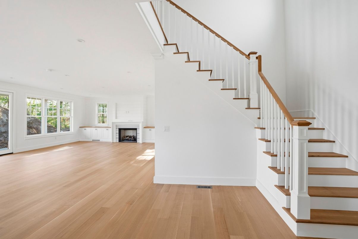 Empty room, Fireplace, Interior, Recessed Lighting, Wood Texture Flooring