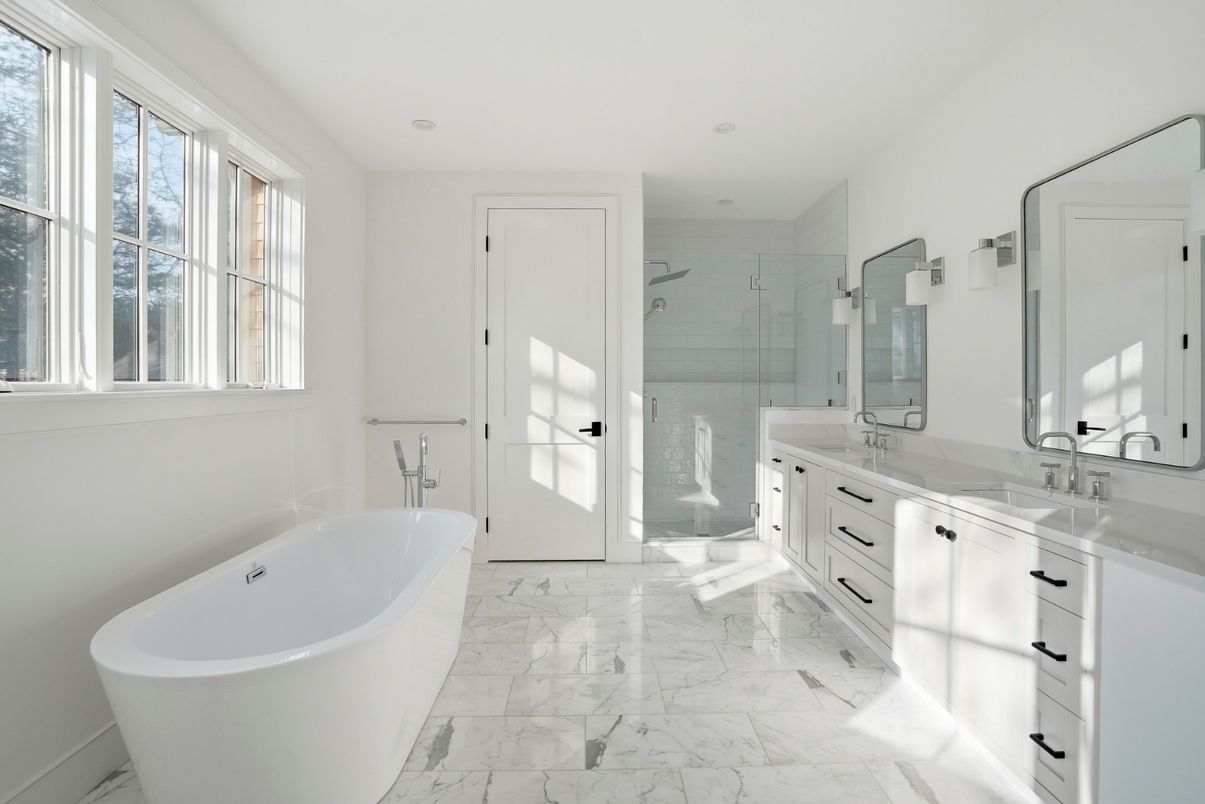 Bathroom, Dual Sink Vanities, Free Standing Baths, Glass Shower, Interior, Marble, Recessed Lighting