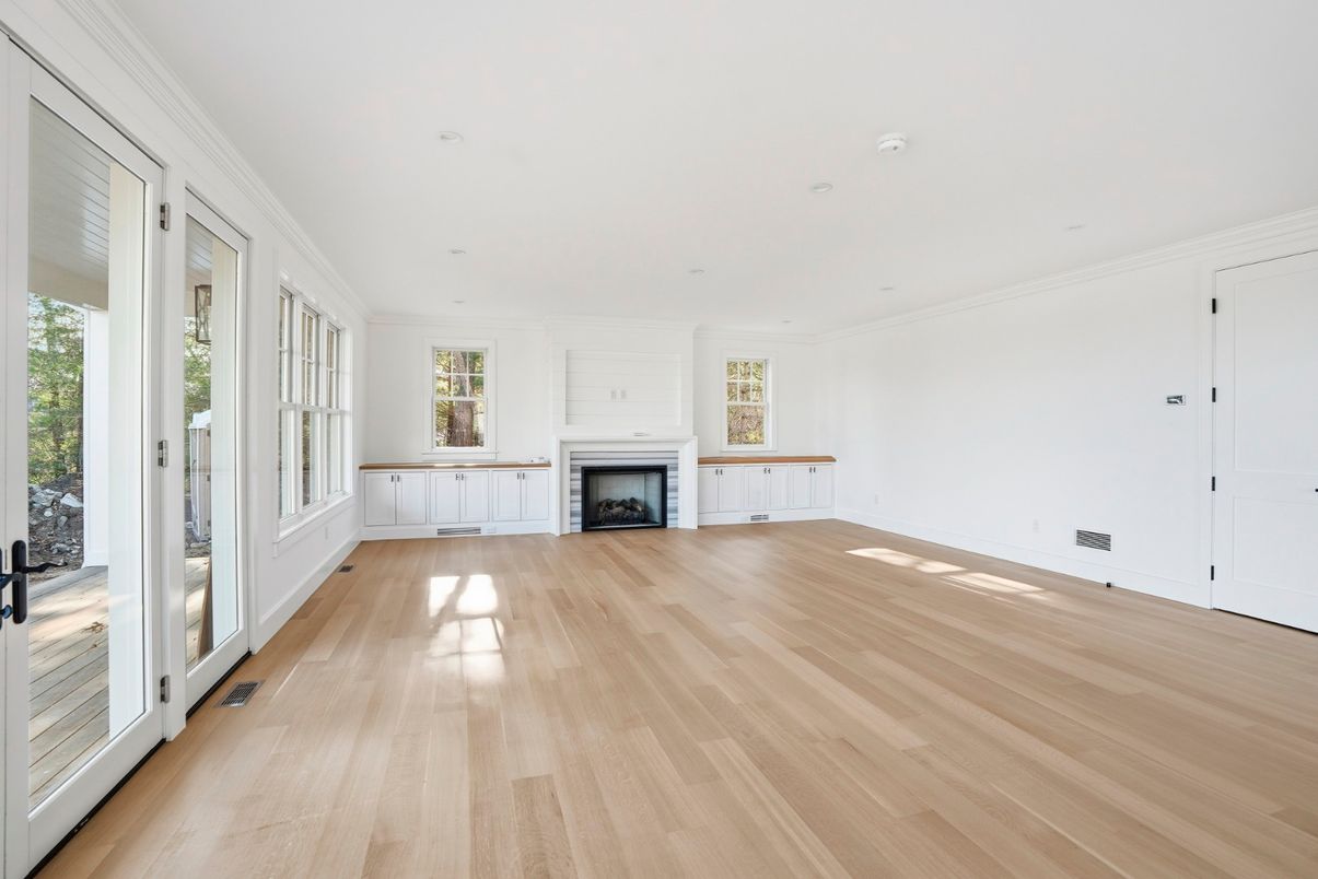 Empty room, Fireplace, Interior, Recessed Lighting, Wood Texture Flooring