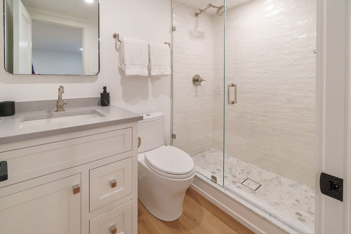 Bathroom, Glass Shower, Interior, Recessed Lighting, Wood Texture Flooring