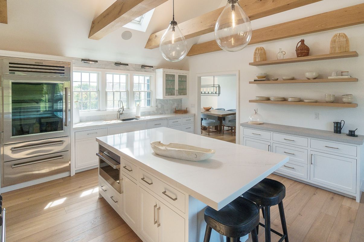 Interior, Kitchen, Pendant Lights, Stainless Steel Appliances, Wooden Beams, Wood Texture Flooring