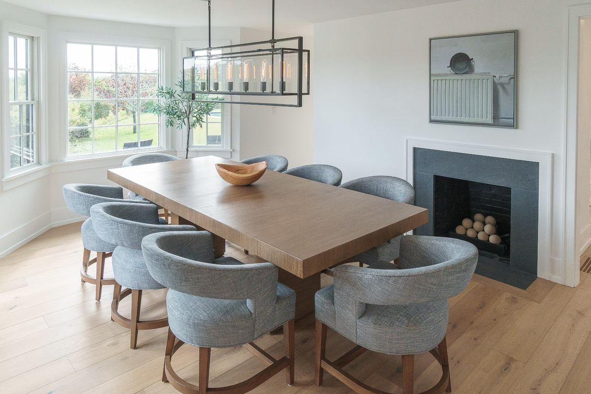 Dining room, Fireplace, Interior, Pendant Lights, Wood Texture Flooring