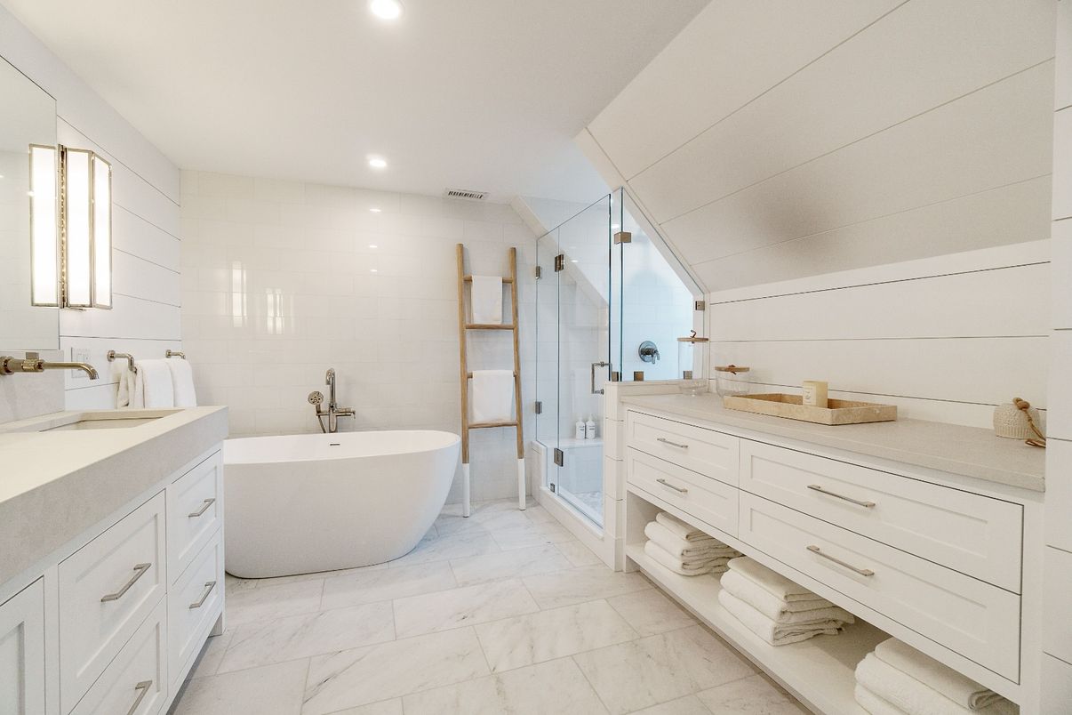 Bathroom, Dual Sink Vanities, Free Standing Baths, Glass Shower, Interior, Marble, Recessed Lighting