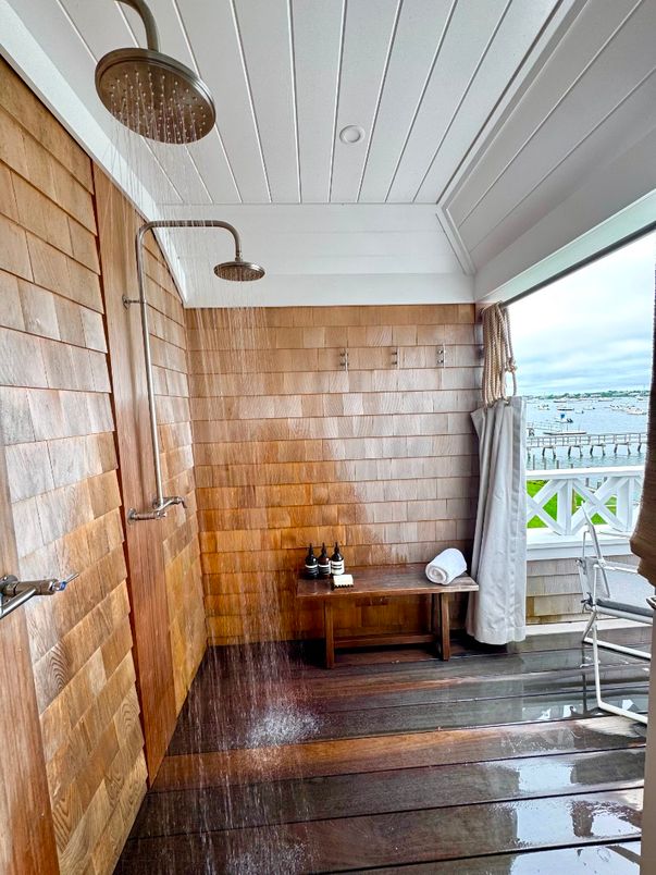 Bathroom, Interior, Recessed Lighting, Water, Wood Texture Flooring, Wooden Walls