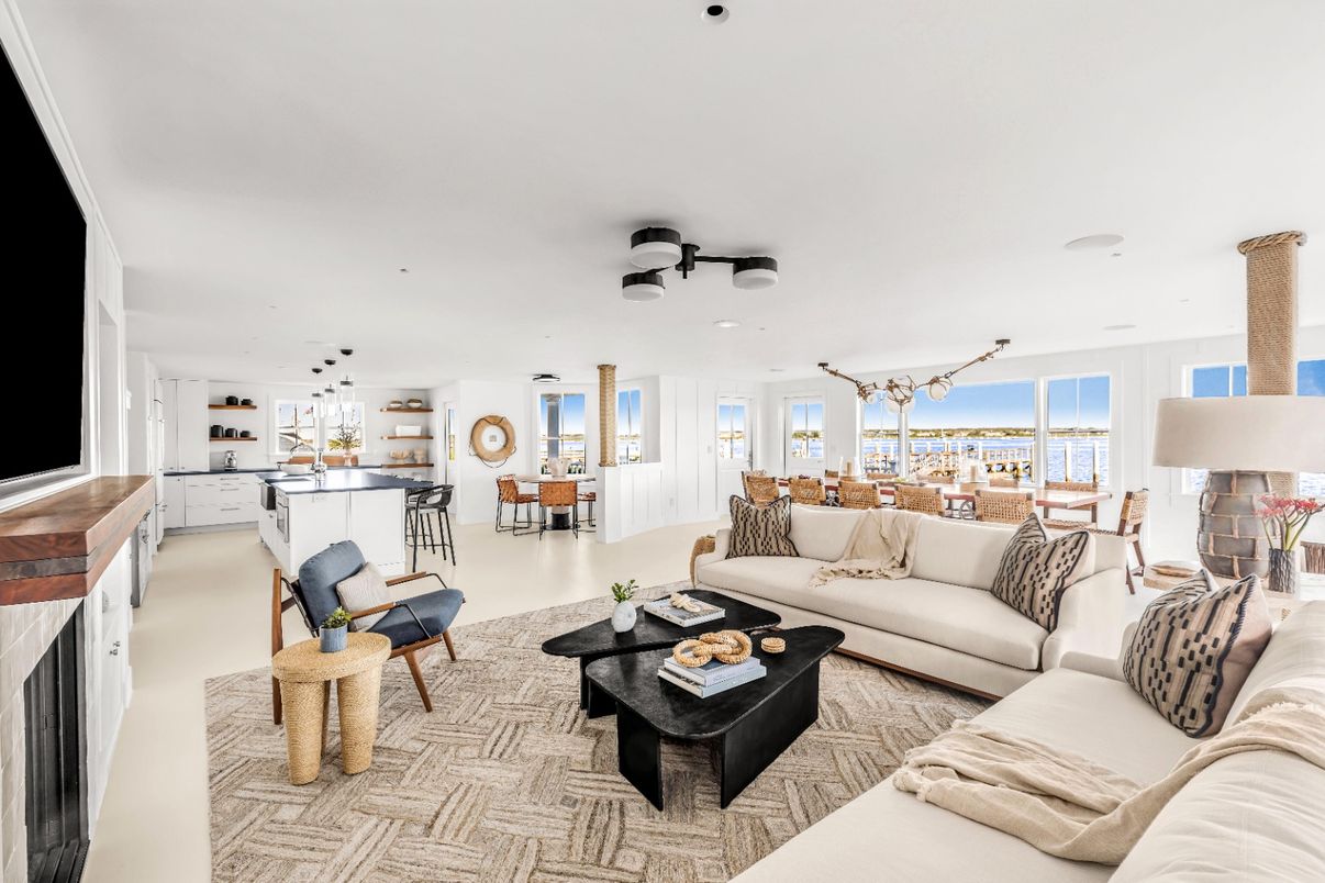 Dining room, Fireplace, Interior, Kitchen, Living room, Pendant Lights, Recessed Lighting, Water