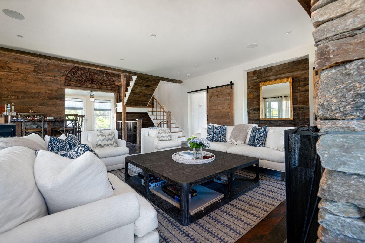Dining room, Interior, Living room, Recessed Lighting, Stone Walls, Wood Texture Flooring, Wooden Walls
