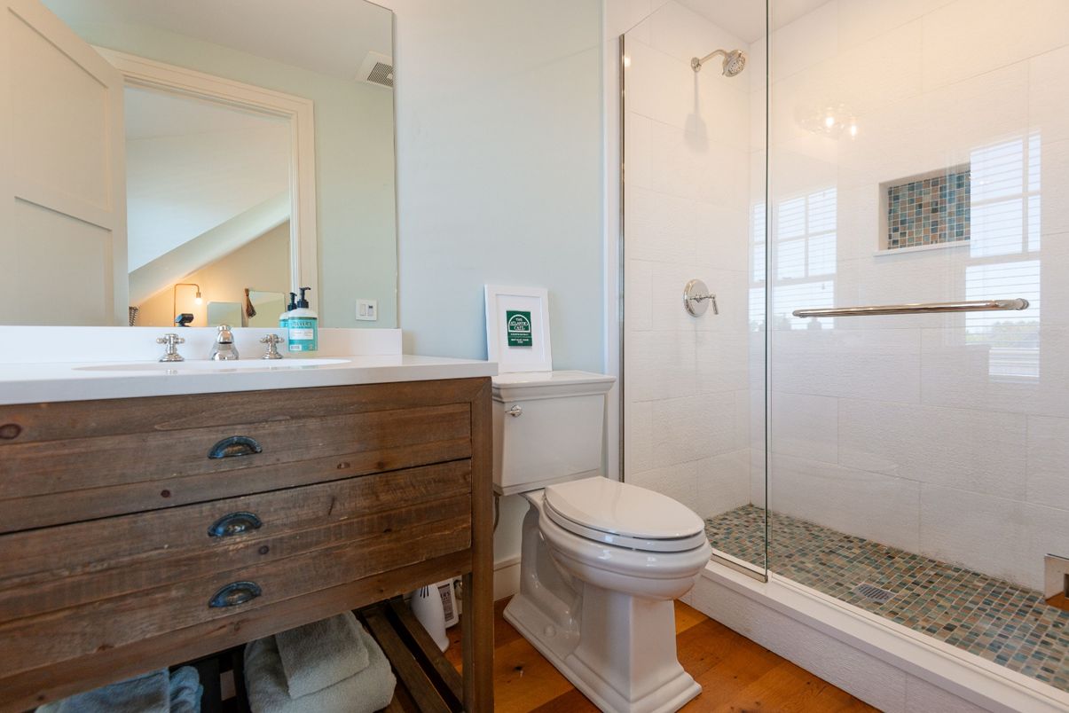 Bathroom, Glass Shower, Interior, Wood Texture Flooring