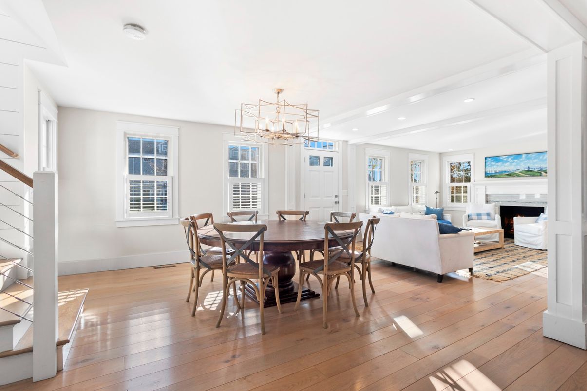 Dining room, Fireplace, Interior, Living room, Pendant Lights, Recessed Lighting, Wood Texture Flooring
