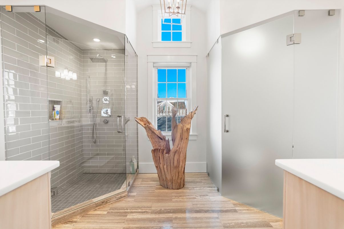 Bathroom, Glass Shower, Interior, Pendant Lights, Recessed Lighting, Wood Texture Flooring
