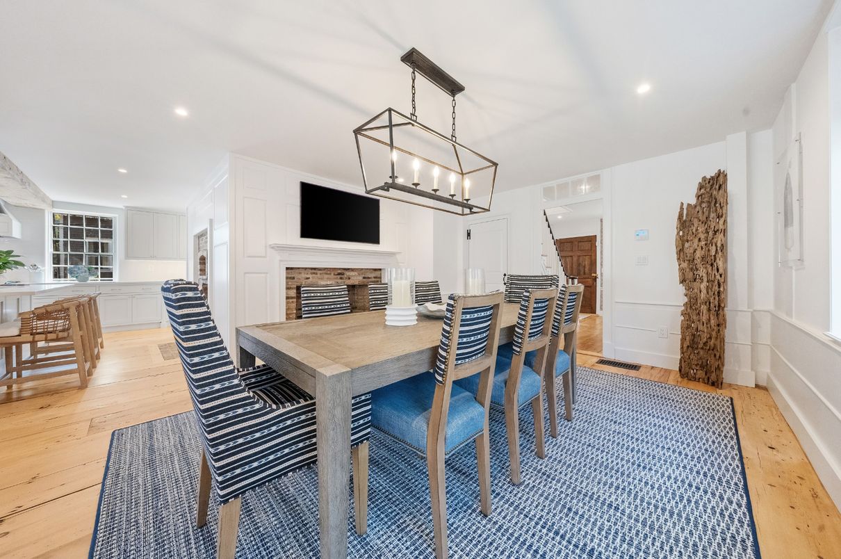 Dining room, Fireplace, Interior, Kitchen, Pendant Lights, Recessed Lighting, Wood Texture Flooring