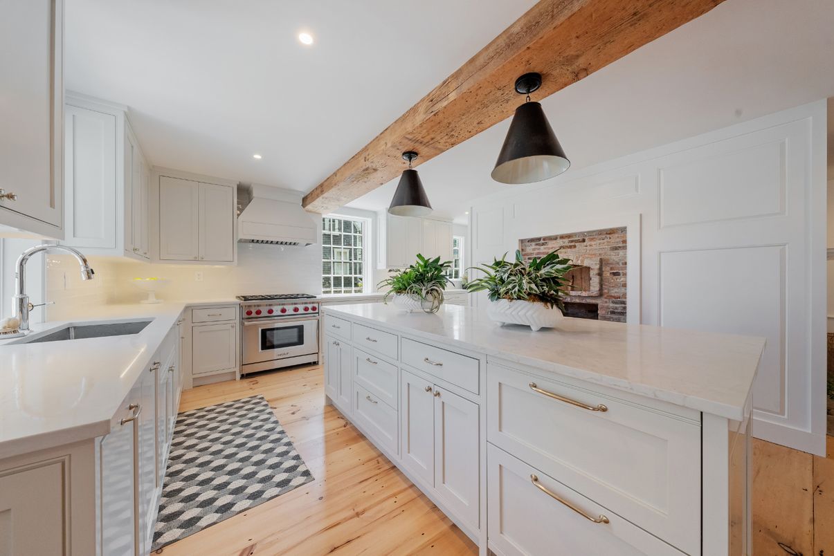 Interior, Kitchen, Pendant Lights, Recessed Lighting, Stainless Steel Appliances, Stone Walls, Wooden Beams, Wooden Ceilings, Wood Texture Flooring