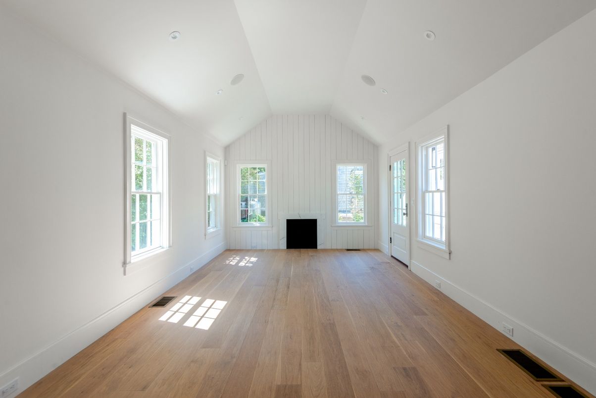 Empty room, Fireplace, Interior, Recessed Lighting, Wood Texture Flooring