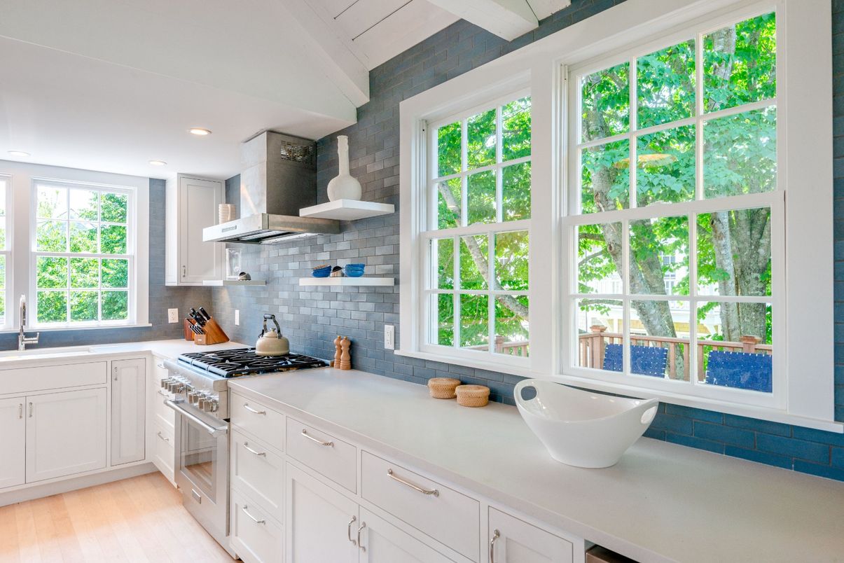 Interior, Kitchen, Recessed Lighting, Stainless Steel Appliances, Stone Walls, Wood Texture Flooring