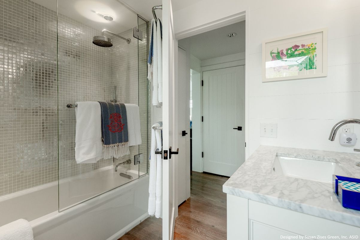 Bathroom, Glass Shower, Interior, Wood Texture Flooring