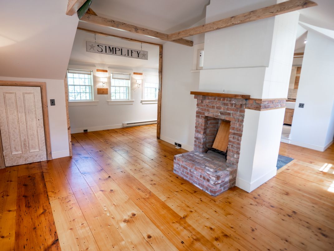 Empty room, Fireplace, Interior, Wooden Beams, Wood Texture Flooring