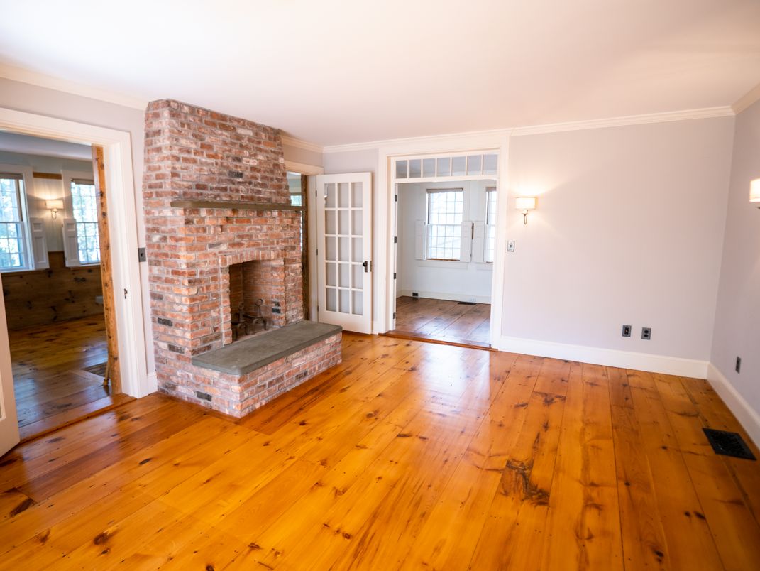 Empty room, Fireplace, Interior, Stone Walls, Wood Texture Flooring