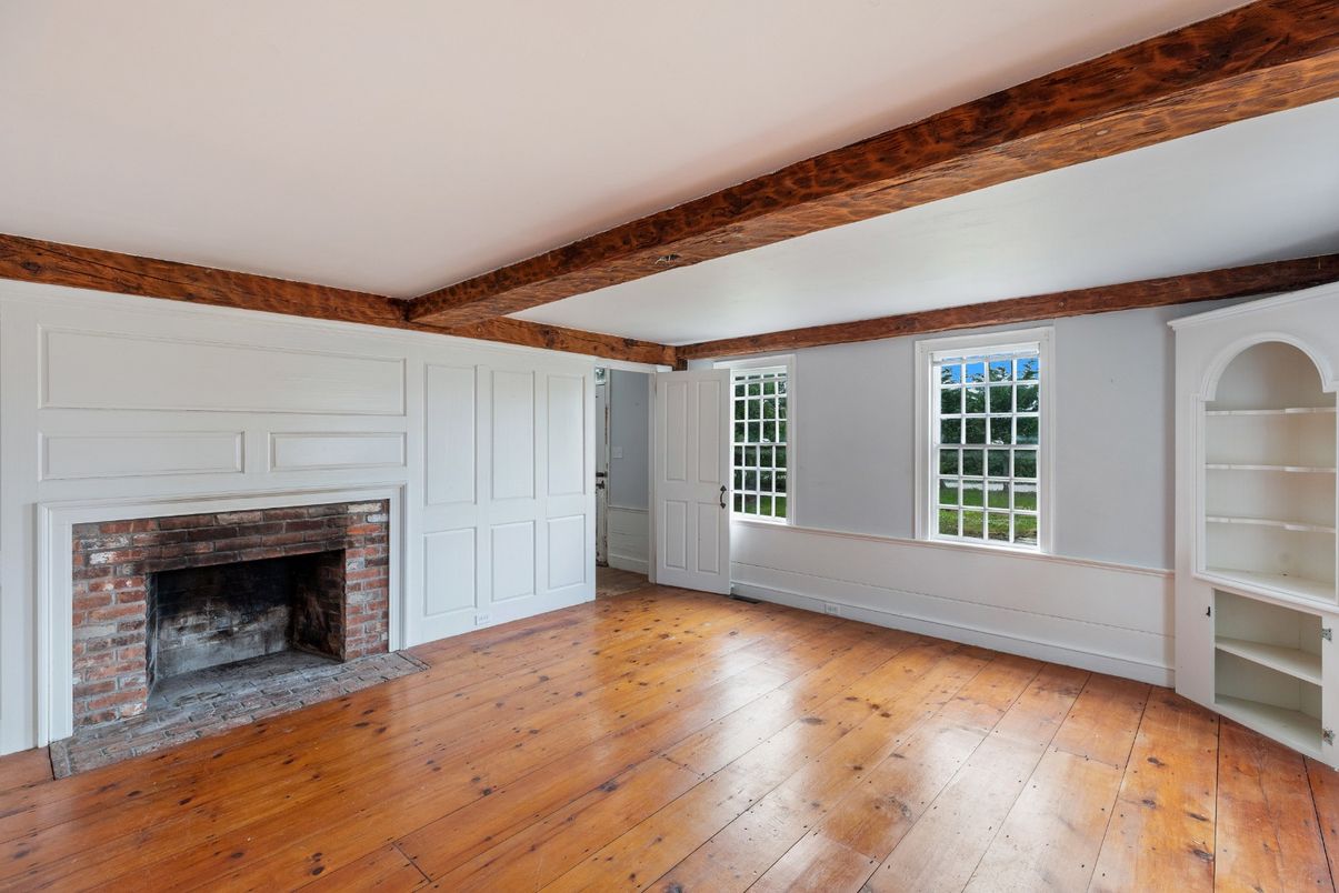 Empty room, Fireplace, Interior, Wooden Beams, Wood Texture Flooring