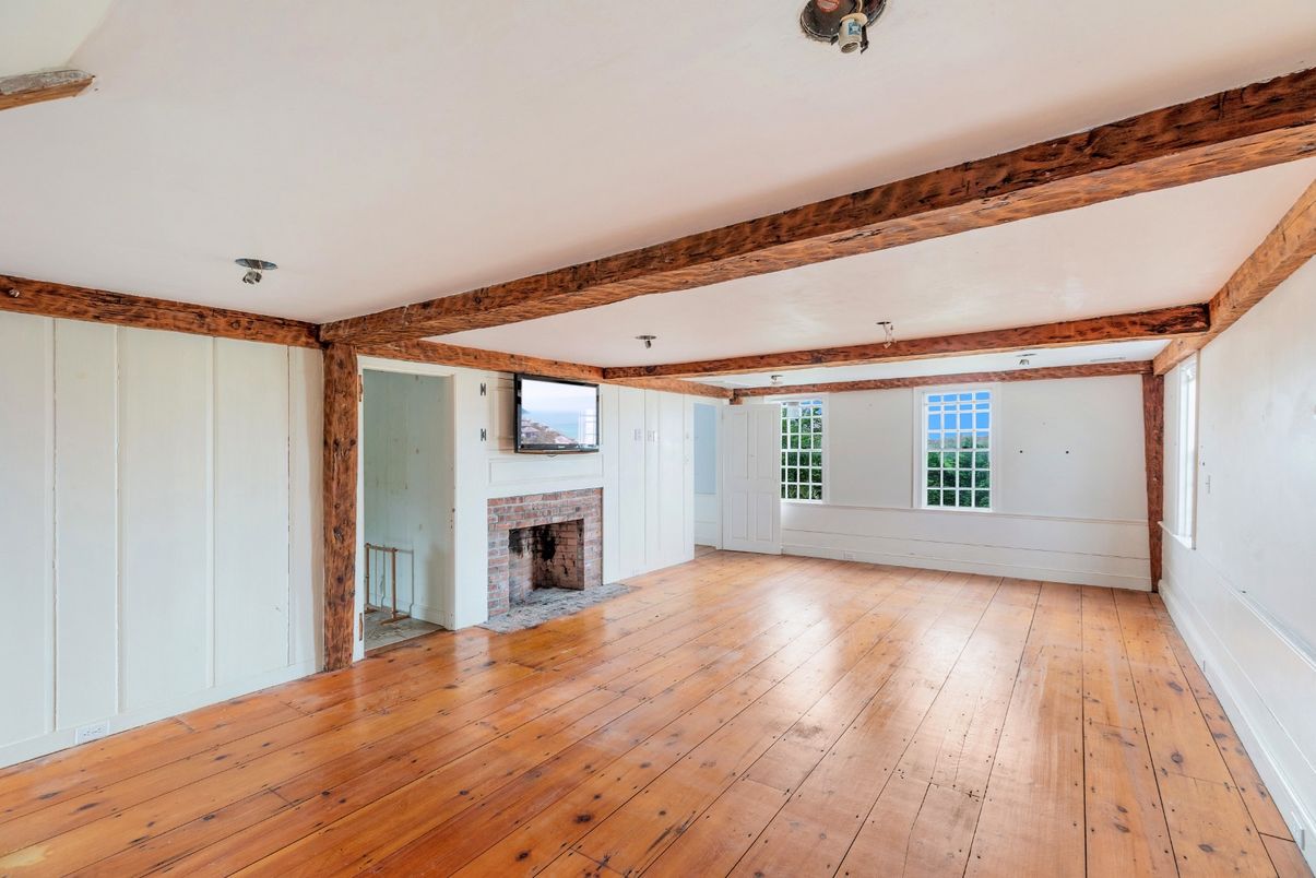 Empty room, Fireplace, Interior, Wooden Beams, Wood Texture Flooring
