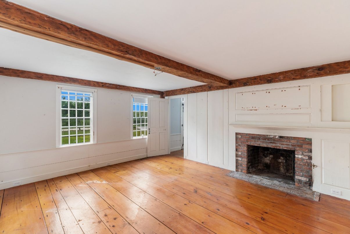 Empty room, Fireplace, Interior, Wooden Beams, Wood Texture Flooring
