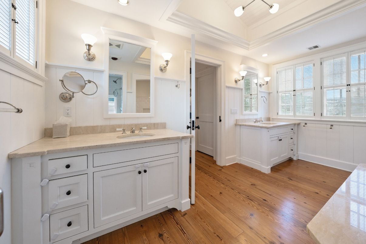 Bathroom, Dual Sink Vanities, Interior, Recessed Lighting, Wood Texture Flooring