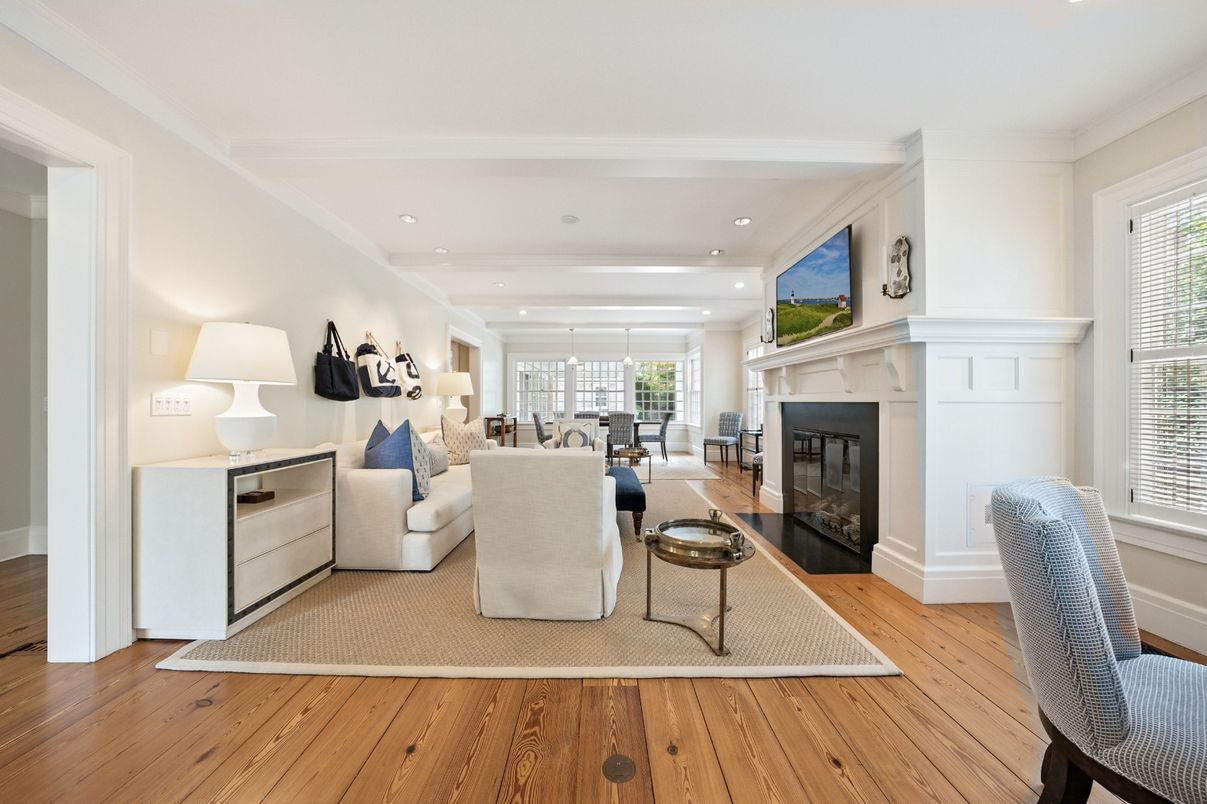 Dining room, Fireplace, Interior, Living room, Pendant Lights, Recessed Lighting, Wood Texture Flooring