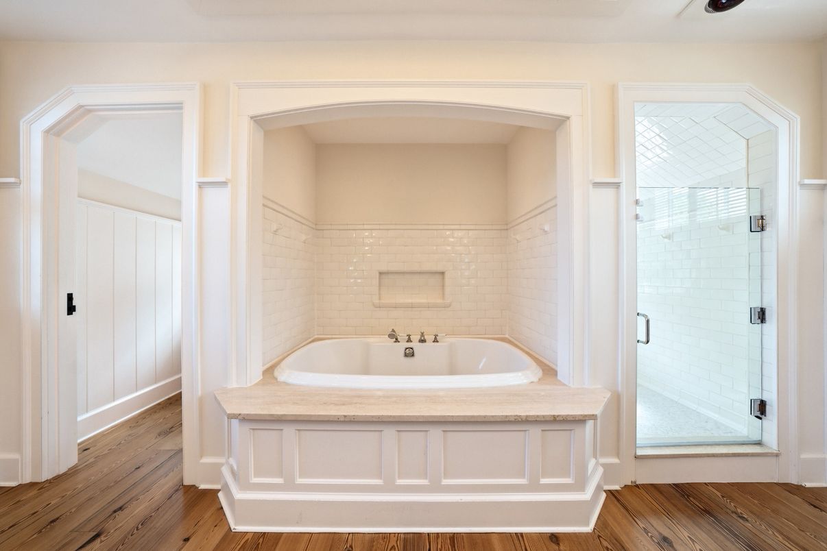 Bathroom, Glass Shower, Interior, Wood Texture Flooring