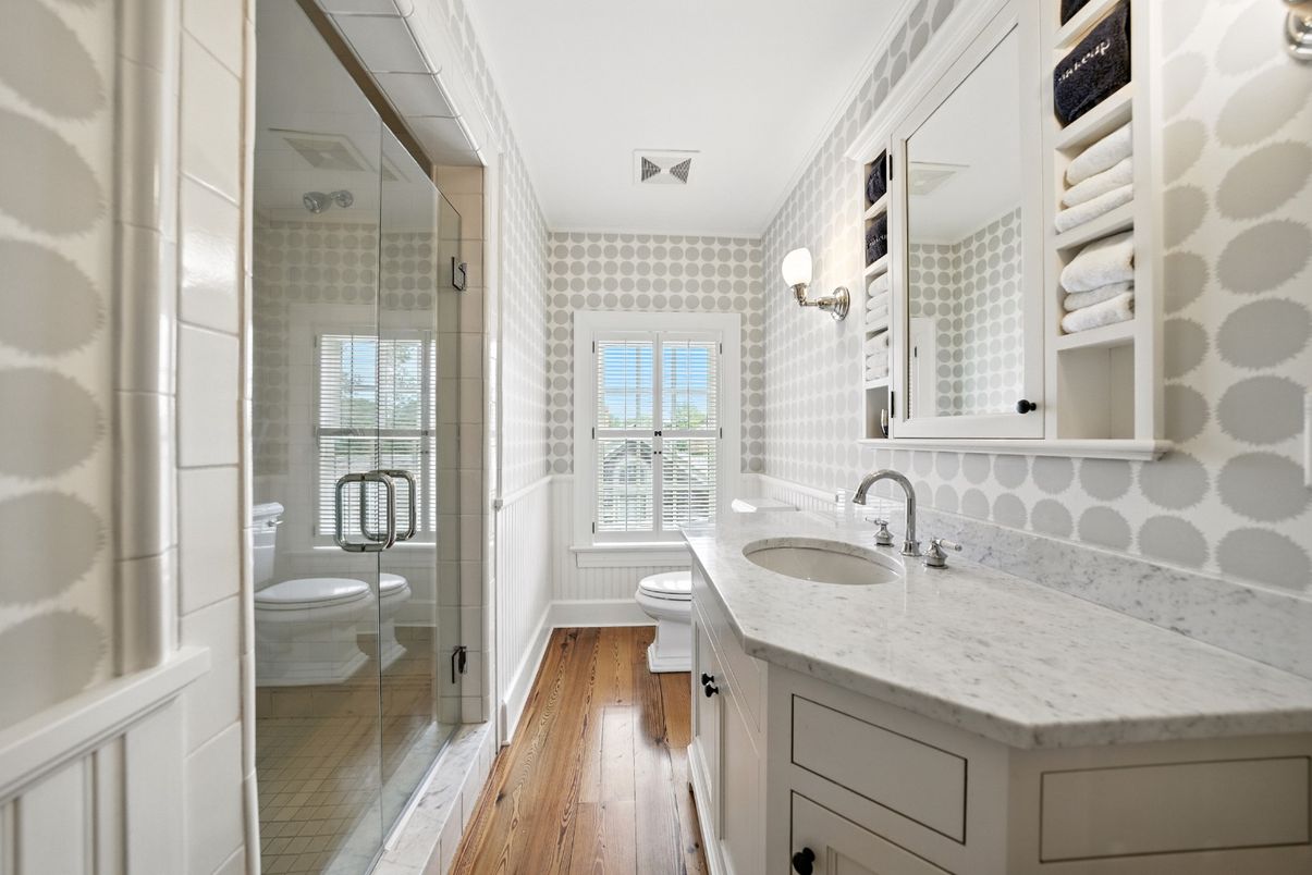 Bathroom, Glass Shower, Interior, Wood Texture Flooring