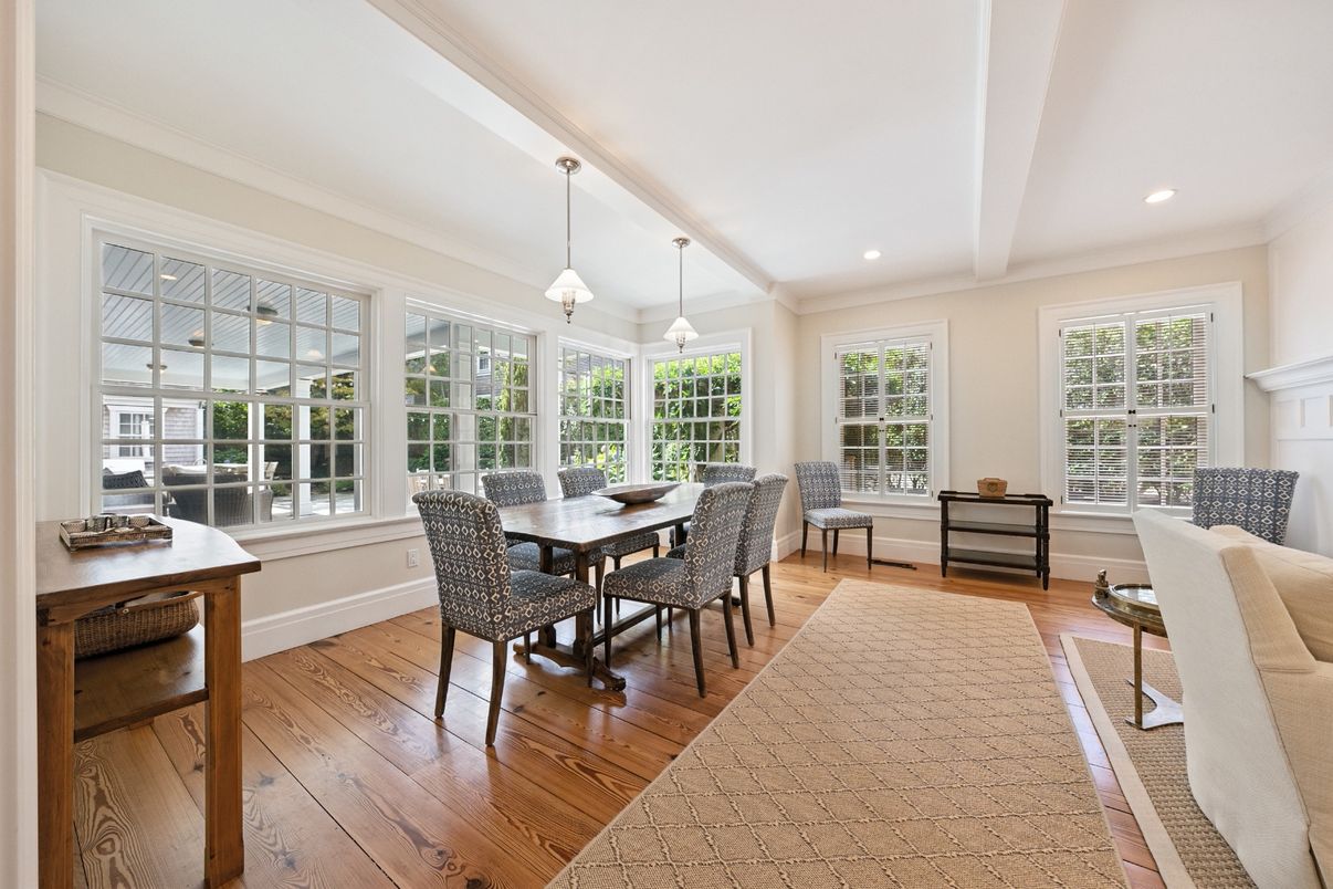 Dining room, Interior, Pendant Lights, Recessed Lighting, Wood Texture Flooring