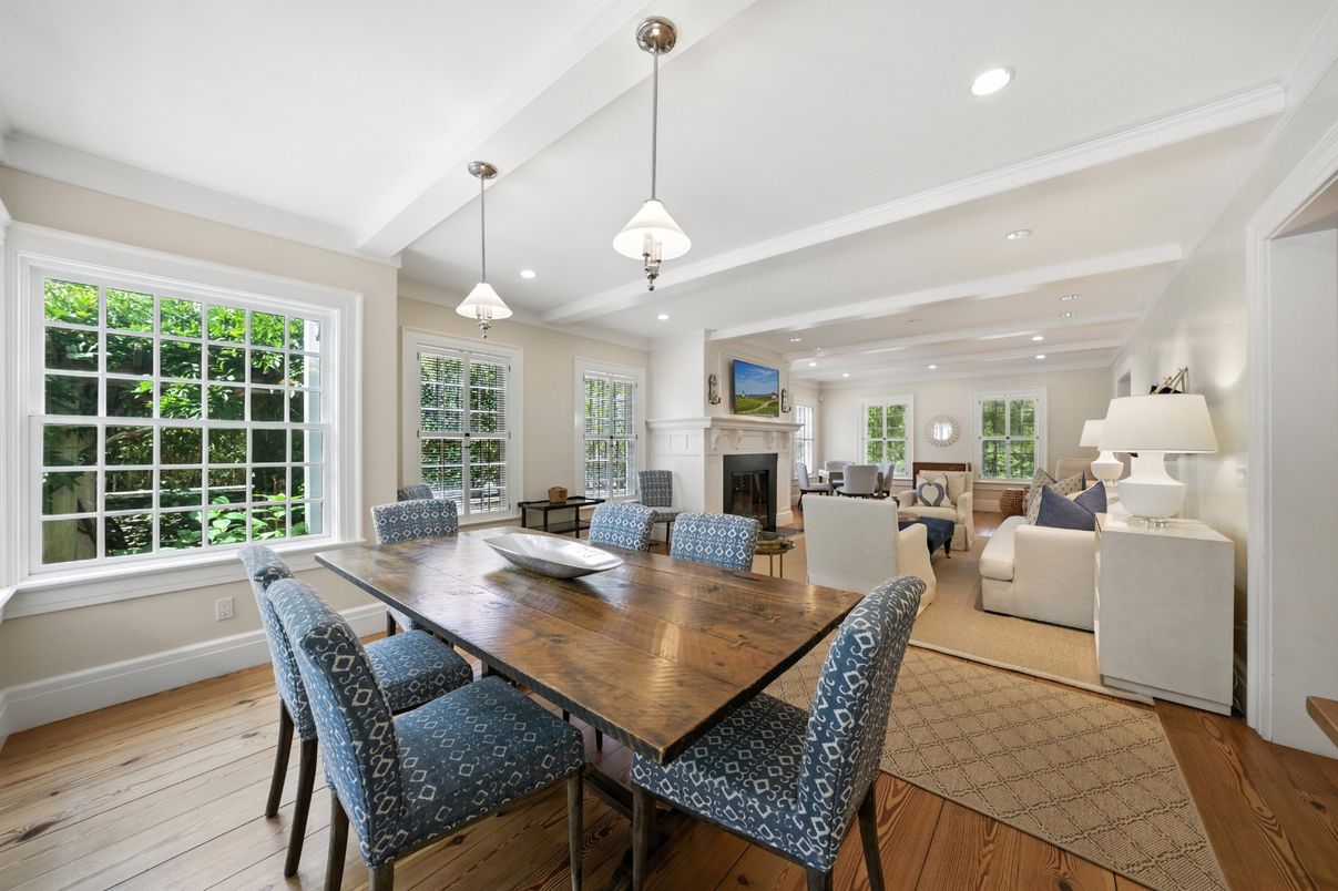 Dining room, Fireplace, Interior, Living room, Pendant Lights, Recessed Lighting, Wood Texture Flooring