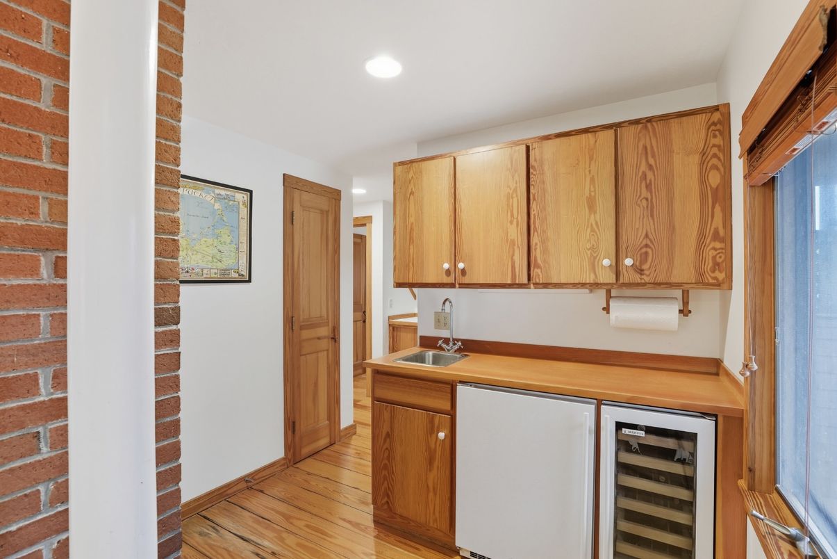 Interior, Kitchen, Recessed Lighting, Stone Walls, Wood Texture Flooring