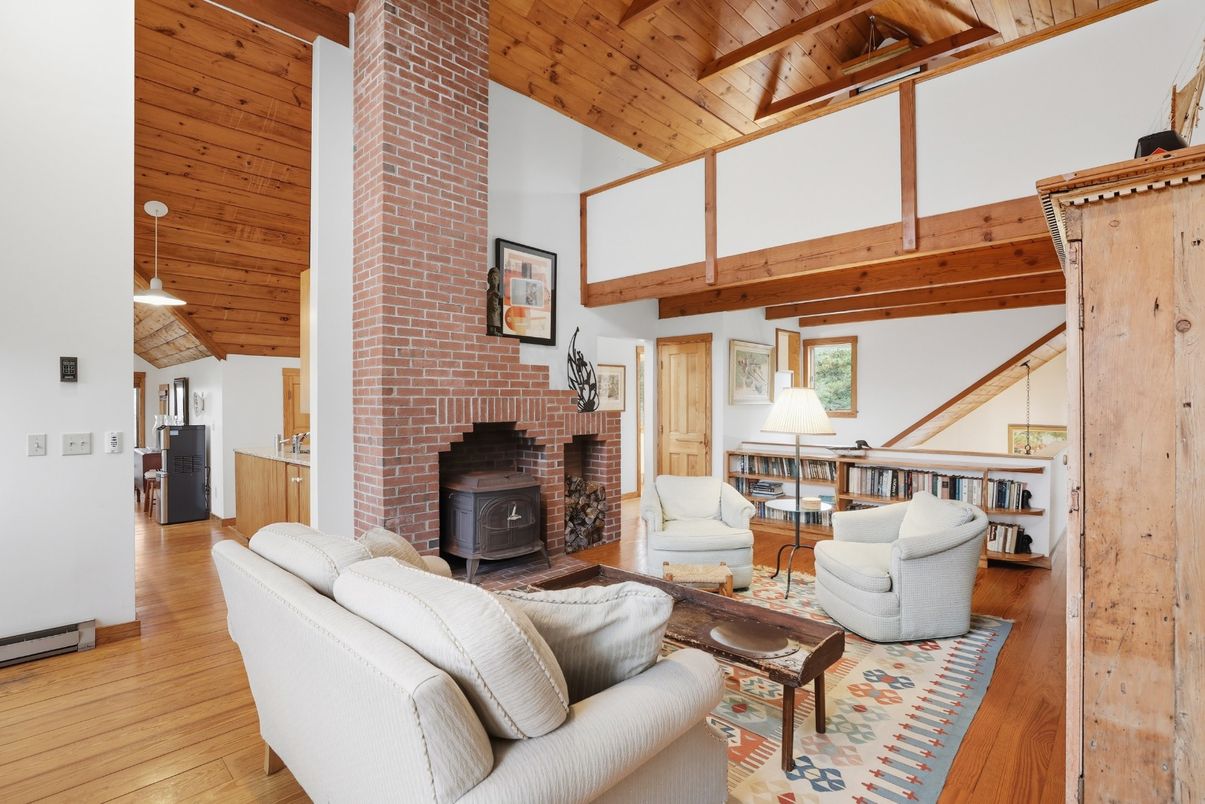 Fireplace, Interior, Living room, Pendant Lights, Stone Walls, Wooden Beams, Wooden Ceilings, Wood Texture Flooring, Wooden Walls