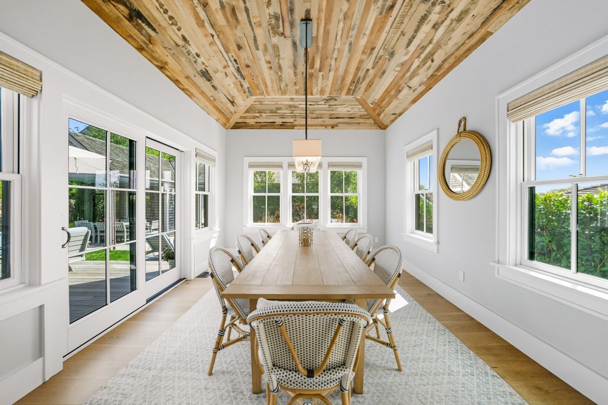Dining room, Interior, Pendant Lights, Wooden Ceilings, Wood Texture Flooring