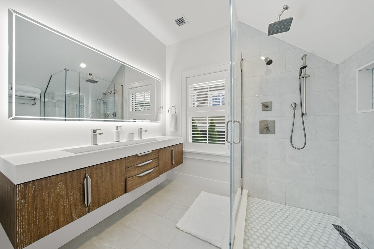 Bathroom, Dual Sink Vanities, Glass Shower, Interior, Recessed Lighting