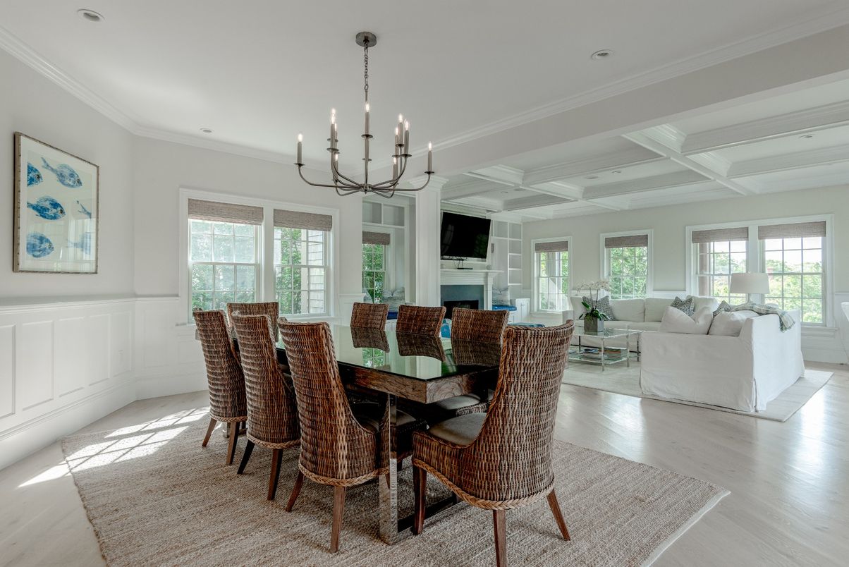 Chandelier, Dining room, Fireplace, Interior, Living room, Recessed Lighting, Wood Texture Flooring