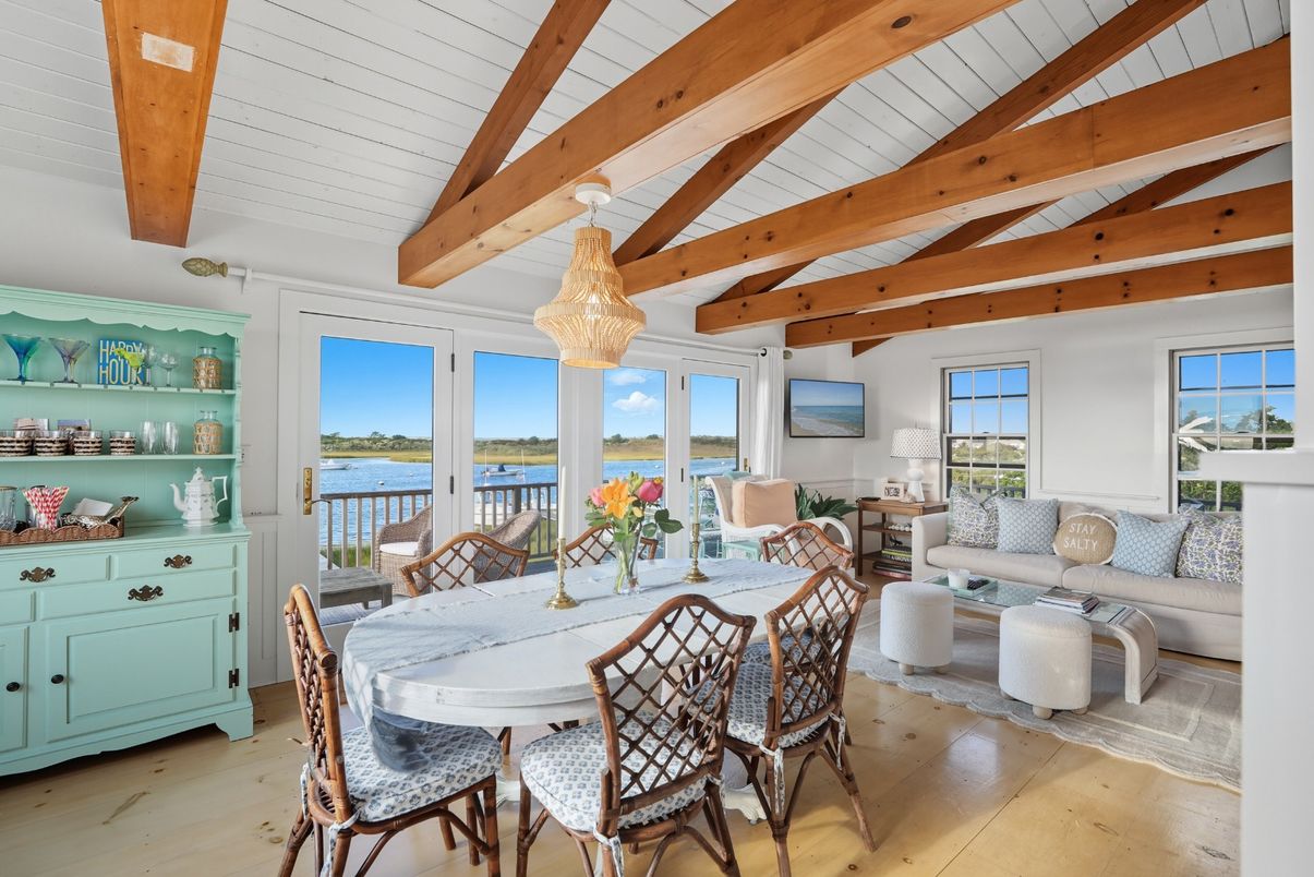 Chandelier, Dining room, Interior, Living room, Water, Wooden Beams, Wood Texture Flooring
