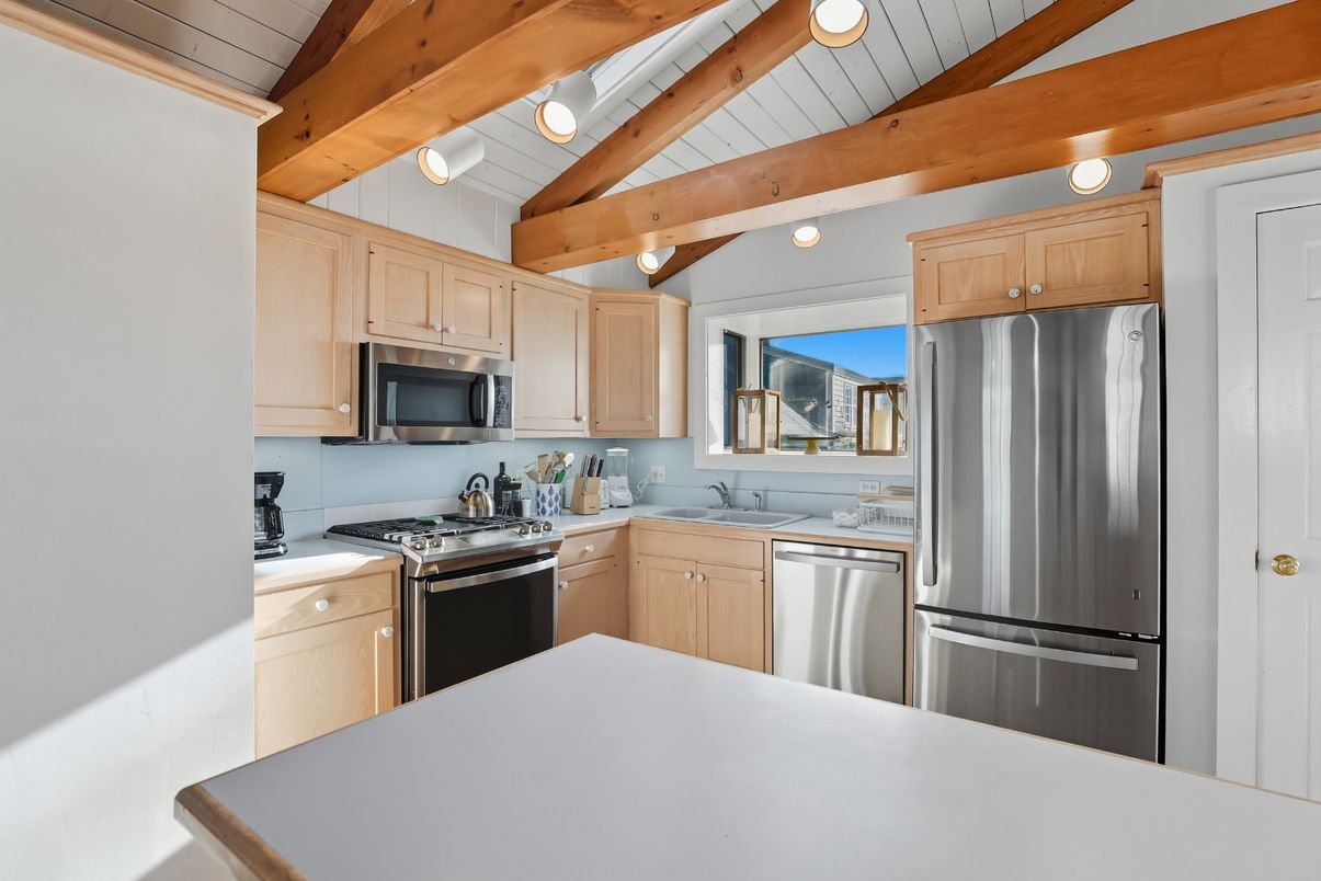 Interior, Kitchen, Recessed Lighting, Stainless Steel Appliances, Wooden Beams