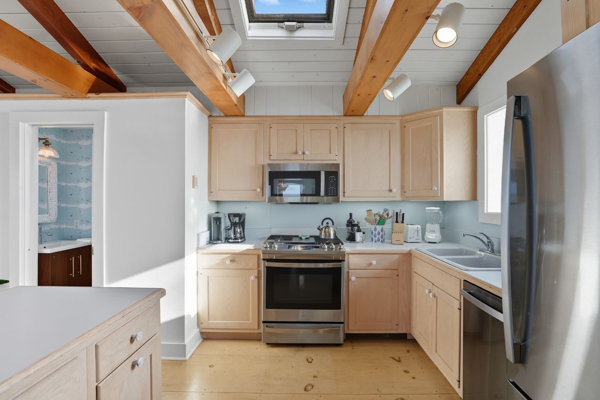 Interior, Kitchen, Stainless Steel Appliances, Wooden Beams, Wood Texture Flooring