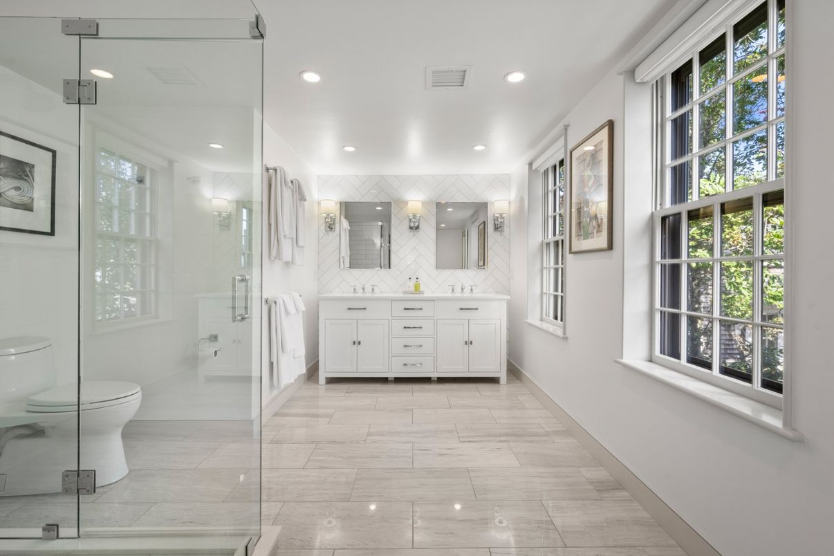 Bathroom, Dual Sink Vanities, Glass Shower, Interior, Recessed Lighting