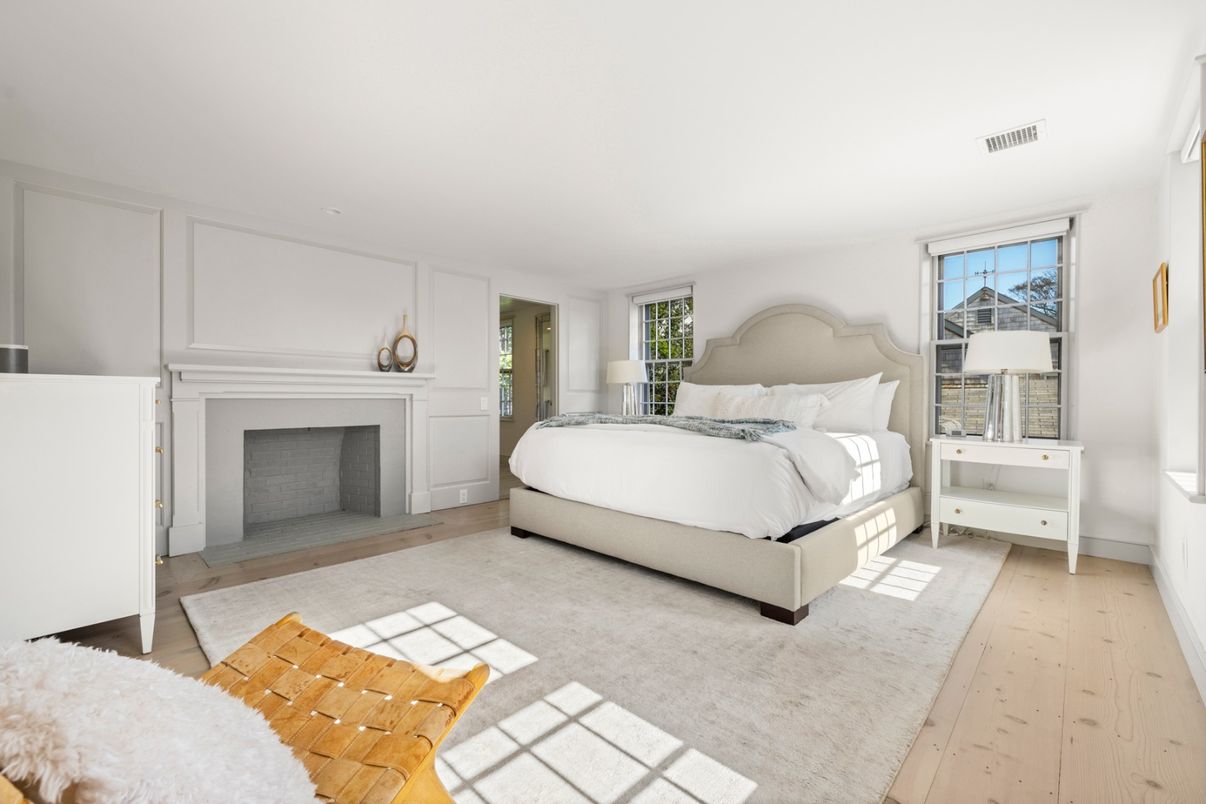 Bedroom, Fireplace, Interior, Wood Texture Flooring