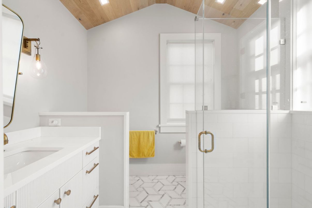 Bathroom, Glass Shower, Interior, Recessed Lighting, Wooden Ceilings