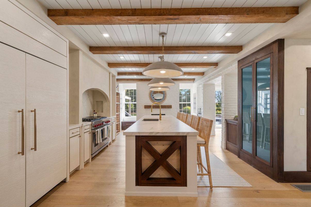 Interior, Kitchen, Pendant Lights, Recessed Lighting, Stainless Steel Appliances, Wooden Beams, Wood Texture Flooring